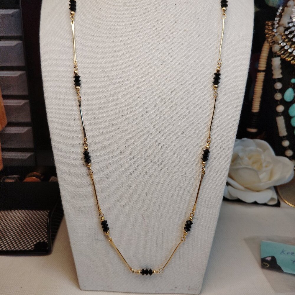 Mangalsutra Style Black Bead Gold Tone Bar Necklace 24 Inches Barrel Clasp
